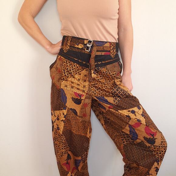 Vintage Pants - Funky Boho Indie Festival Vintage Batik Pants Mixed Print Tapered Belted 32"